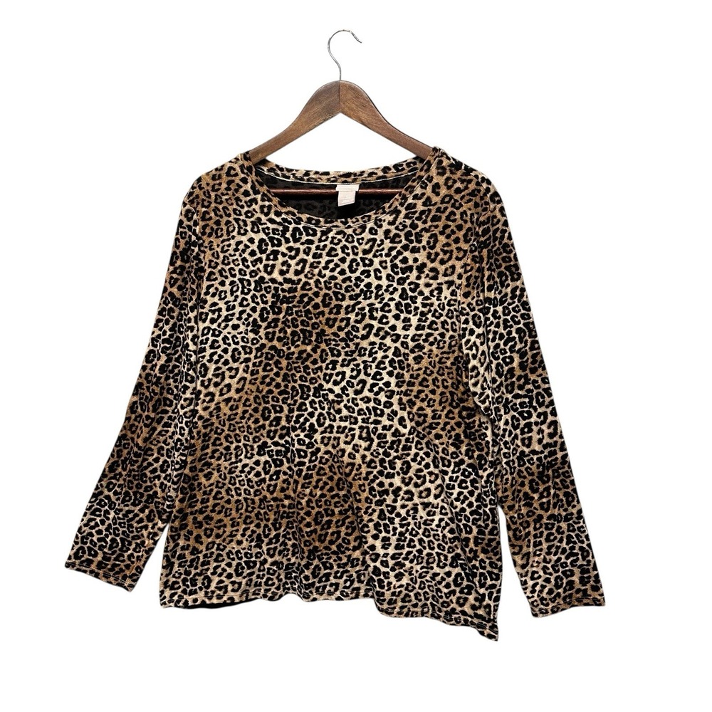 Chico's Womens Blouse Size XL Scoop Neck Top Leopard Black Brown Long Sleeve Top